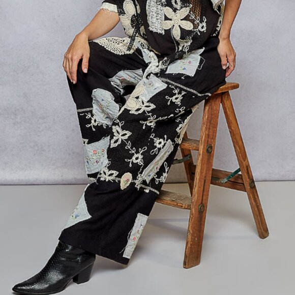 #185BLK POL FLORAL& LACE PATCHWORK PANTS-BLACK MATCHING TOP SEPERATE - Picture 1 of 4